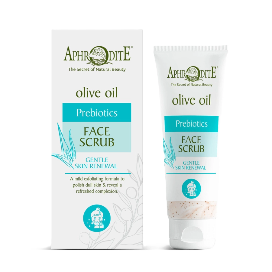 Aphrodite Face scrub olive oil prebiotics gentle skin renewal