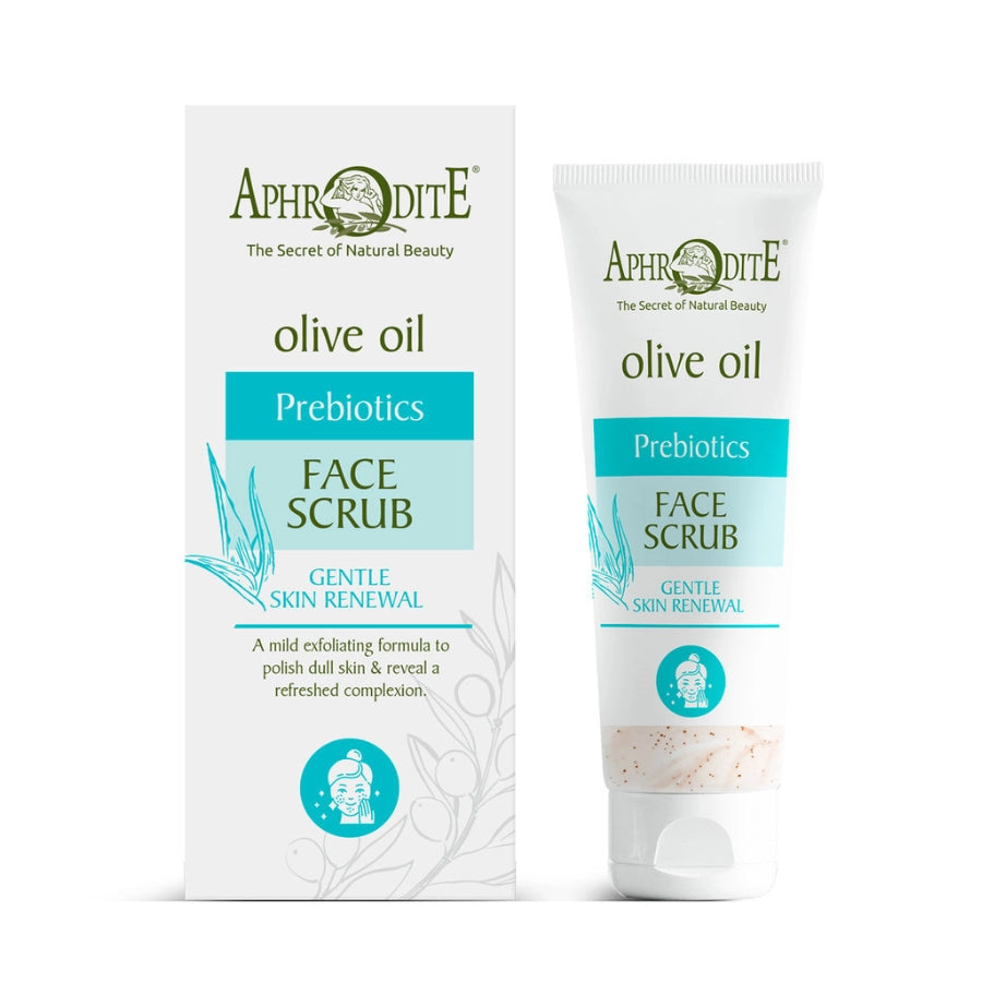 Aphrodite Face scrub olive oil prebiotics gentle skin renewal